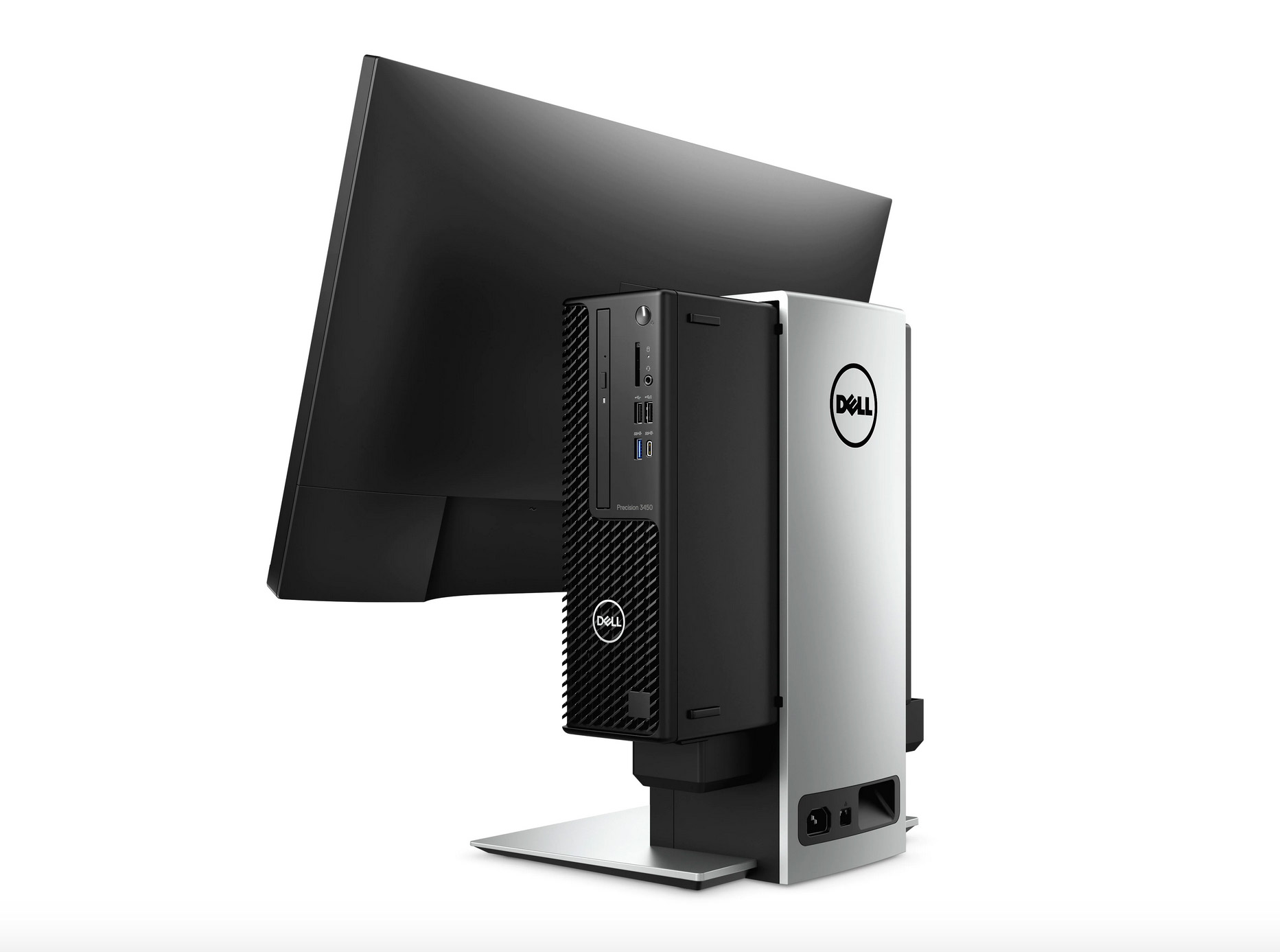 The Dell Precision 3450 mounted on a display