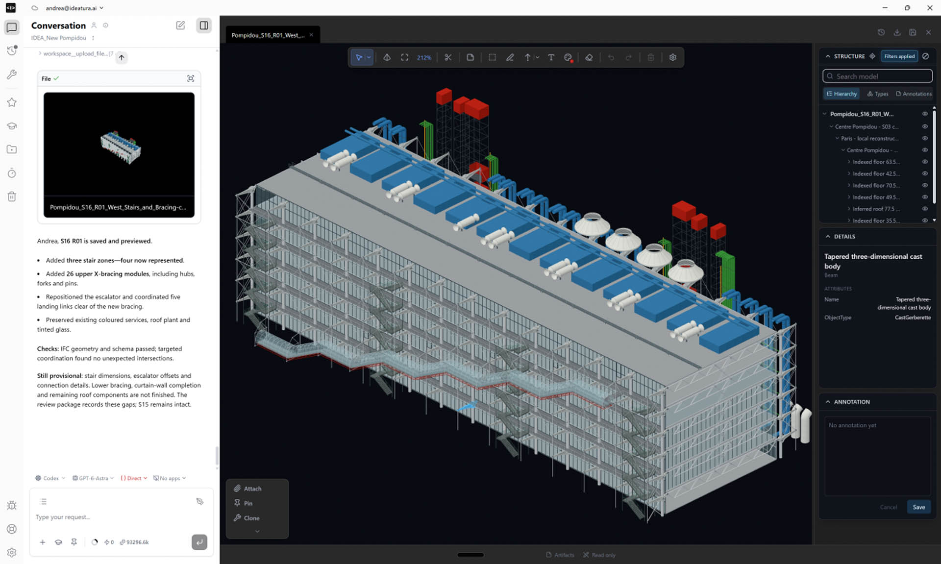 Andrea Rocco Matta used Astra and Ideatura to reconstruct the Centre Pompidou in IFC from historic drawings and photographs. He directed the process, reviewed the results, and requested corrections